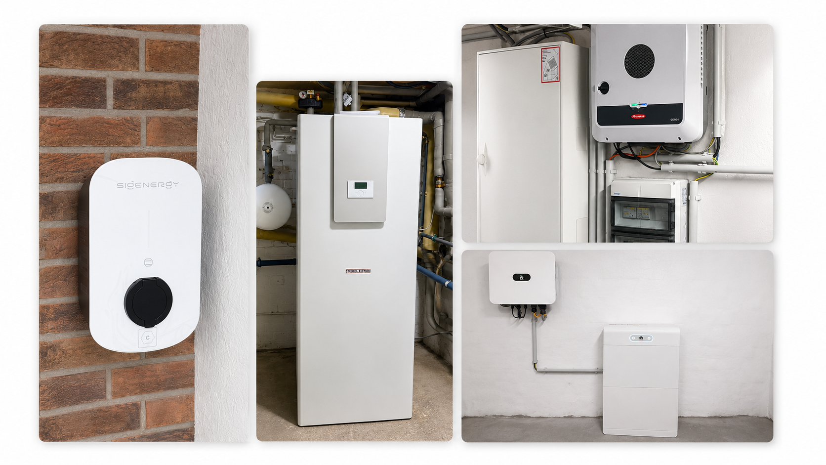 Collage aus Wallbox, W&auml;rmepumpe, Wechselrichtern und Batteriespeichern