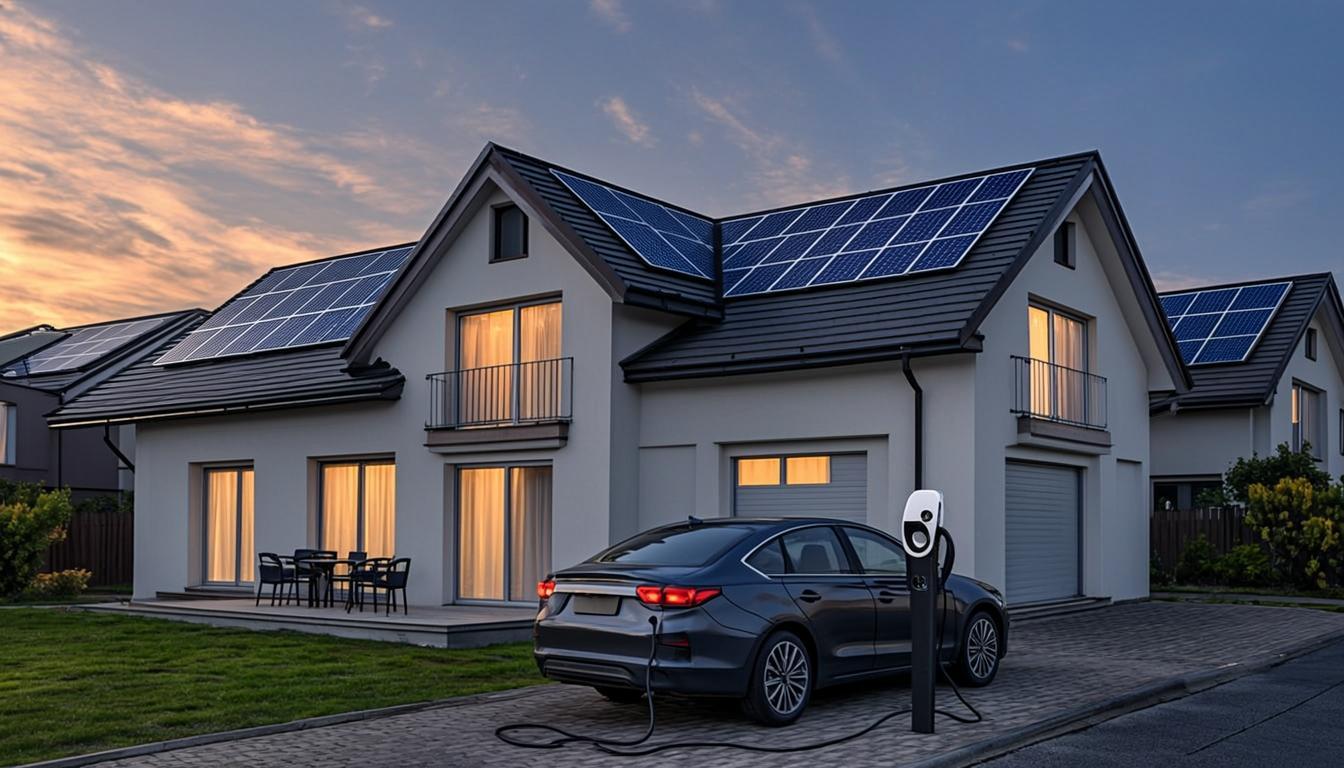 Energiehaus bei Dämmerung: Solar, Wallbox, Wärmepumpe