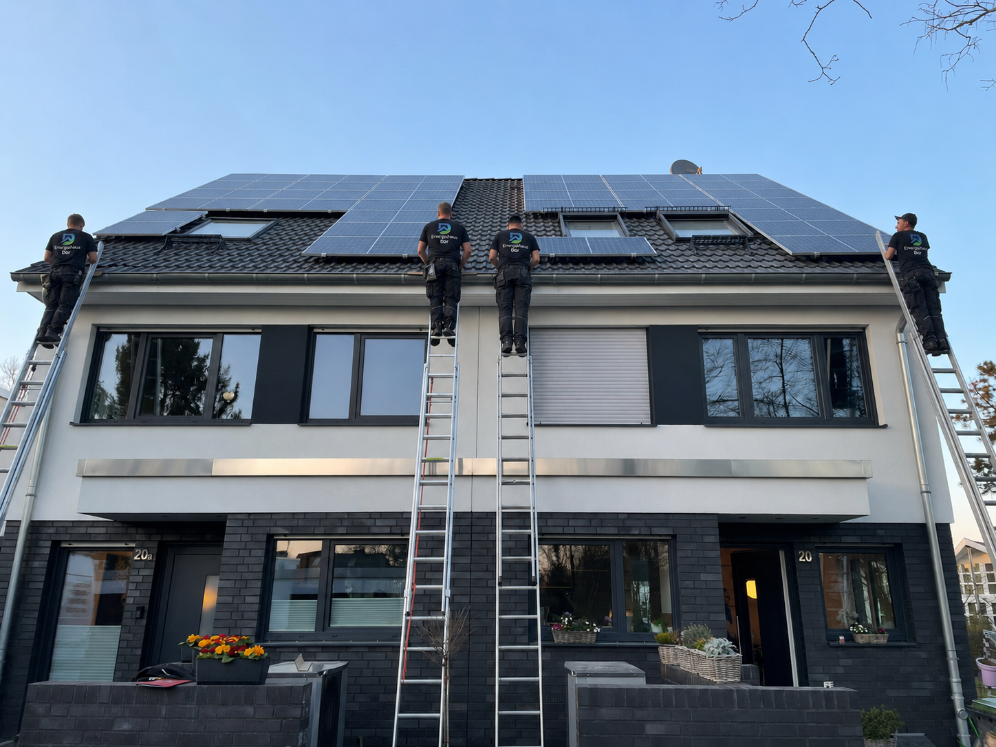 Modernes Einfamilienhaus mit Photovoltaikanlage bei Sonnenuntergang