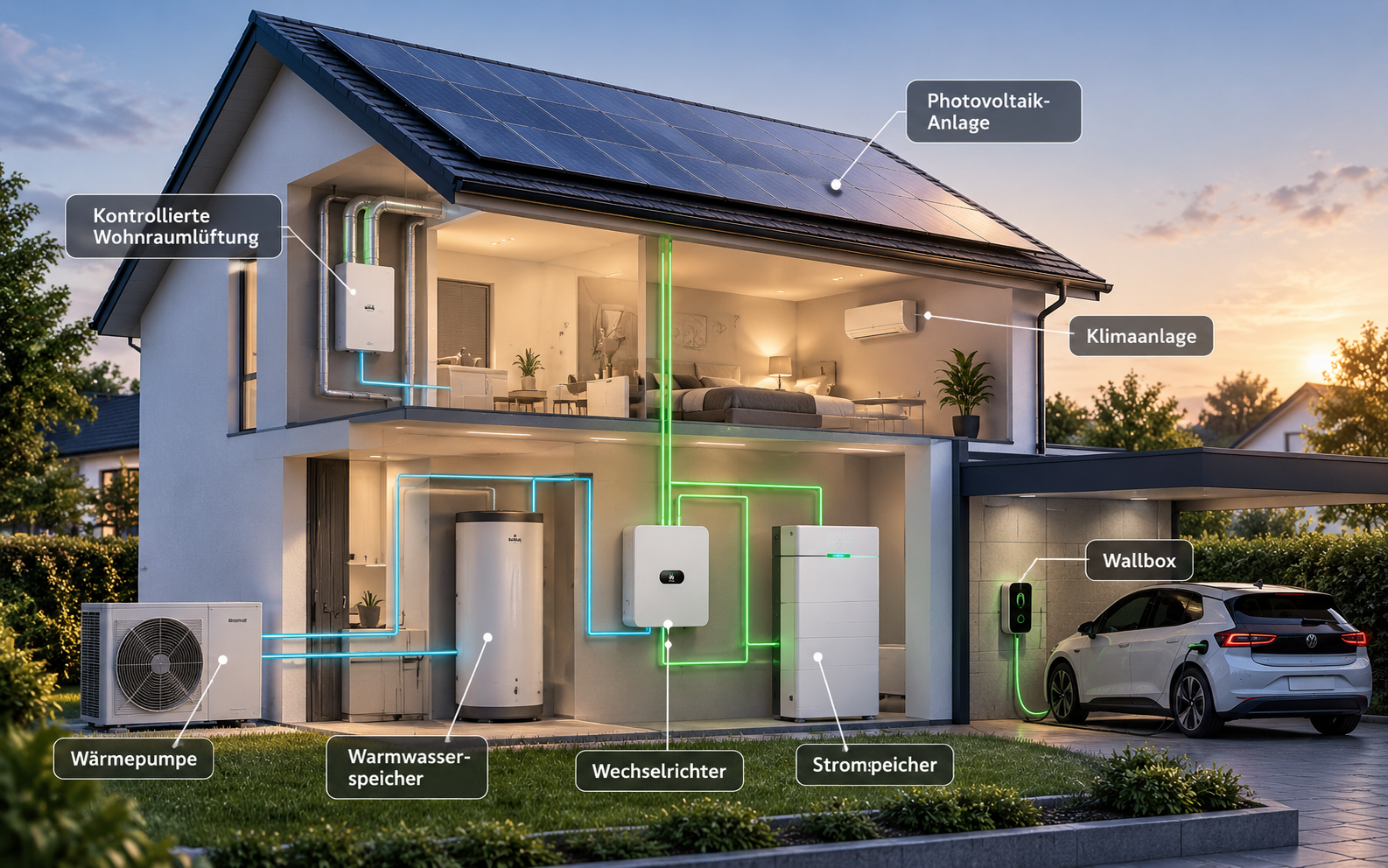 Schnittdarstellung eines Energiehauses mit Photovoltaikanlage, W&auml;rmepumpe, Stromspeicher, Wallbox und weiteren vernetzten Energiesystemen